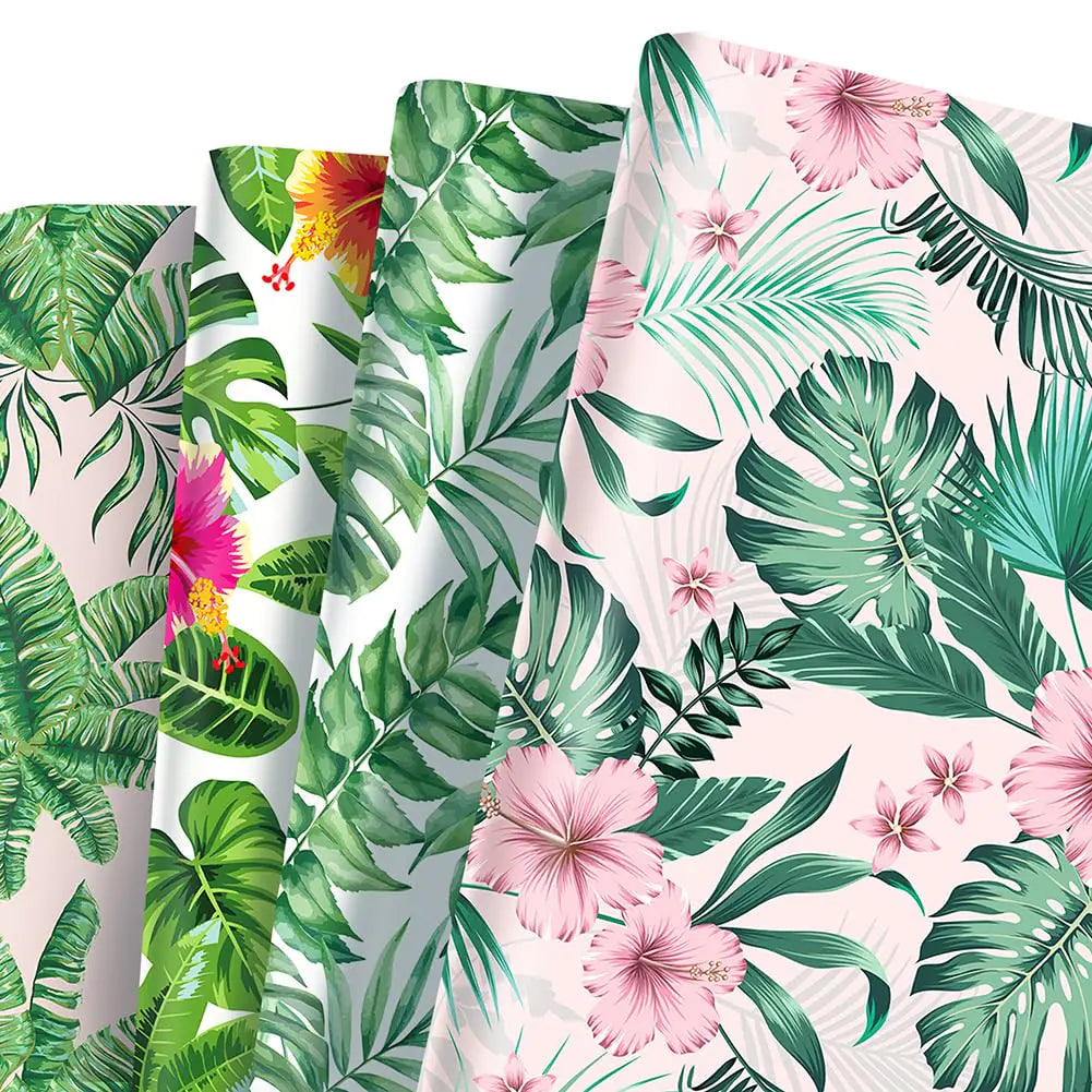 Geluode Hawaii Wrapping Paper Flower And Leaves Plant Theme Gift Wrap Paper Hawaii Summer Jungle Tropical Monstera Paper For Aloha Party 8 Sheets in 4 Designs Folded Flat 20x28 Inches per sheet