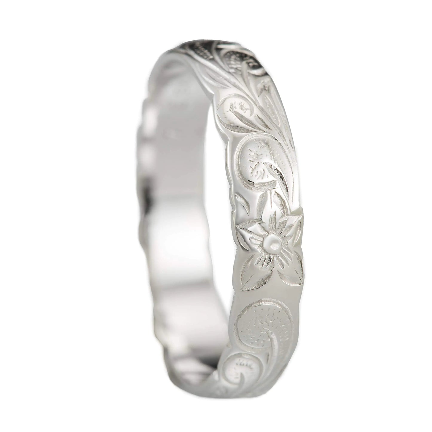 Aloha Jewelry Company Sterling Silver 4mm Hawaiian Princess Plumeria Flower Scroll Ring Stackable Wedding Band (Silver 5)