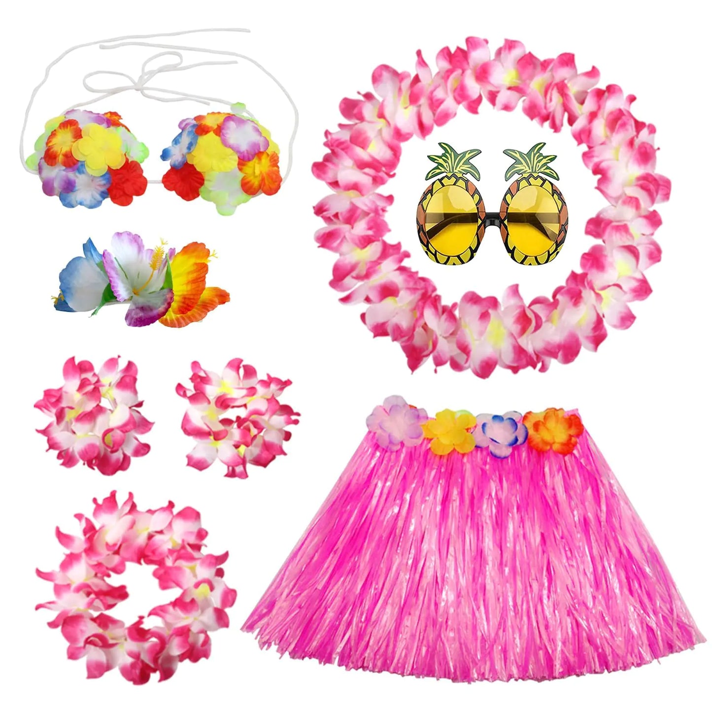 PHOGARY 8 PCS Hula Skirt Costume Accessory Kit Luau Party Dress Up for Girls Hawaiian Hula Dancing Skirt Set with Flower Bikini Top Hawaiian Lei Hibiscus Hair Clip Pineapple Sunglasses 40 CM Pink
